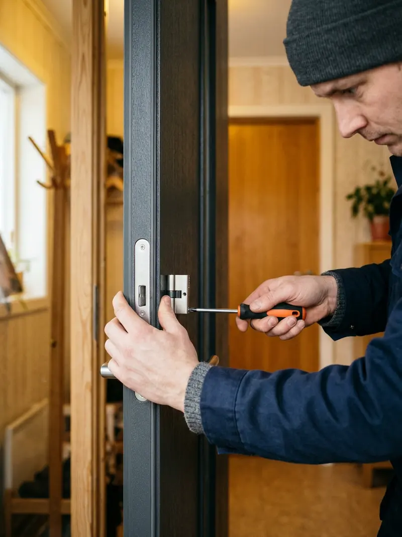 Hender setter en eurosylinder inn i låshuset på en mørk dør