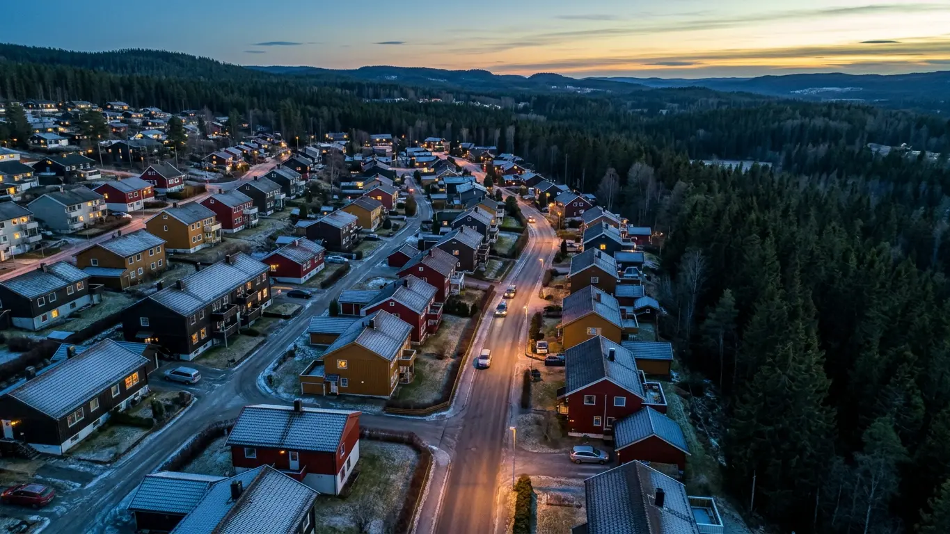Kveldsbilde av en norsk tettbygd bygd med eneboliger, veier og granskog