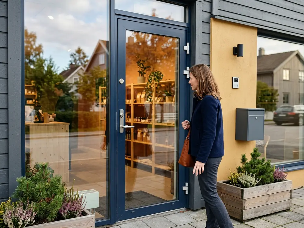 Butikkinngang med glassdør og moderne lås