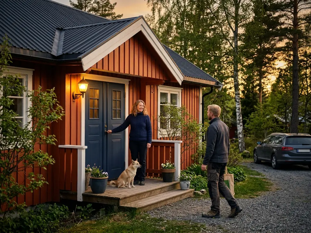 Trehus med ytterdør og verandalys en tidlig kveld