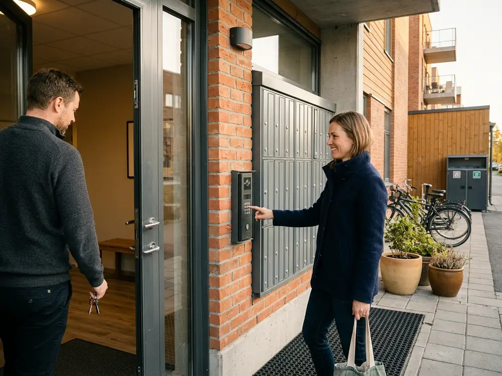 Inngangsparti til leilighetsbygg med rad av postkasser og kodepanel