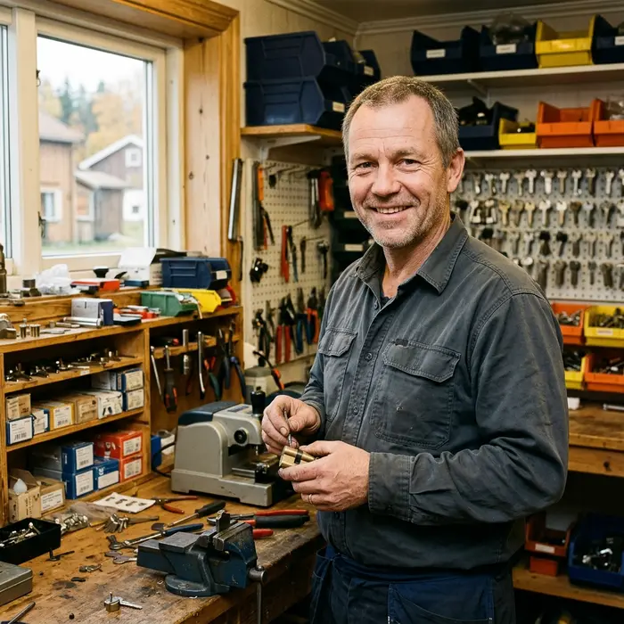 Ole, låsesmed, i grå arbeidsskjorte på verkstedet