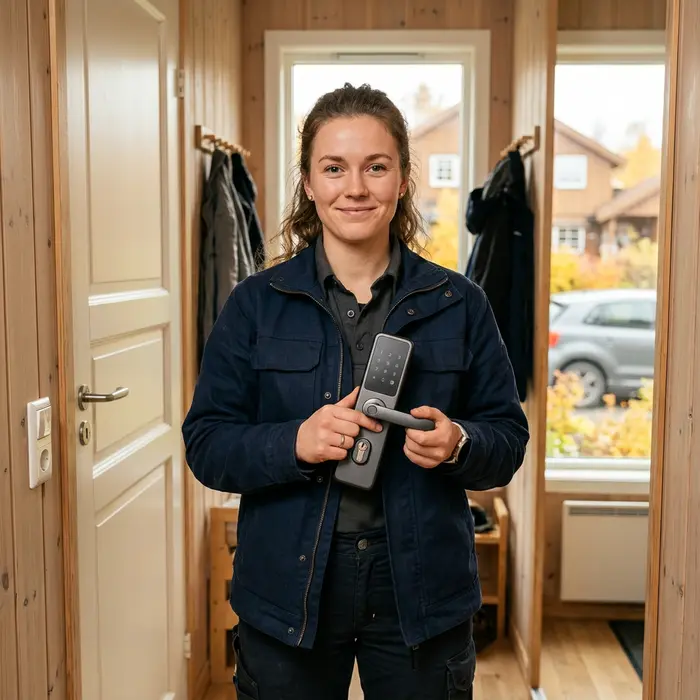 Kari holder en smartlås i arbeidsjakke