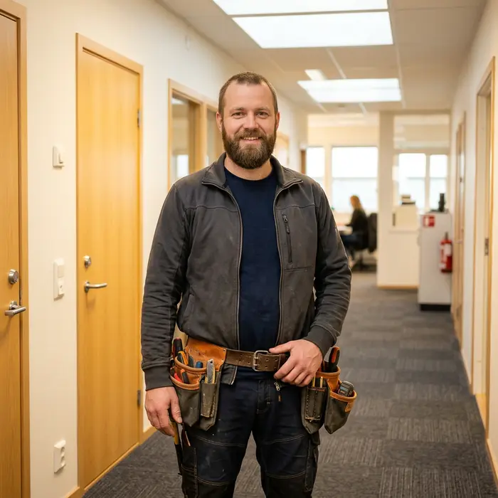 Jonas med verktøybelte i en bedriftsgang