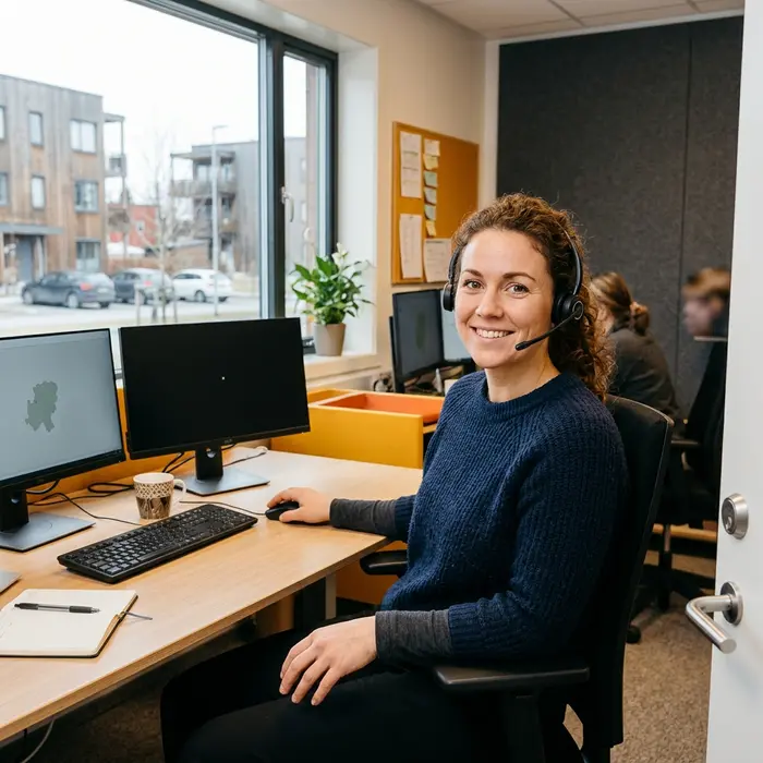 Mari med headset på kontoret