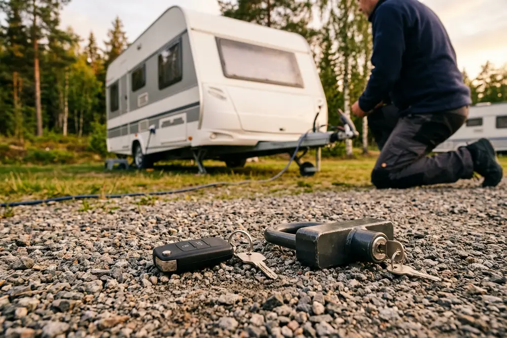 Bilnøkkel og draglås til campingvogn på en grusplass i kveldslys