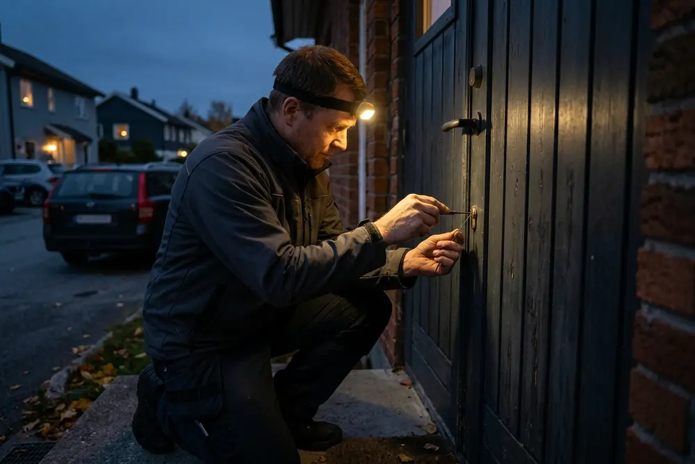 Låsesmed på kne ved en mørk ytterdør i skumringen åpner låsen med tynt verktøy
