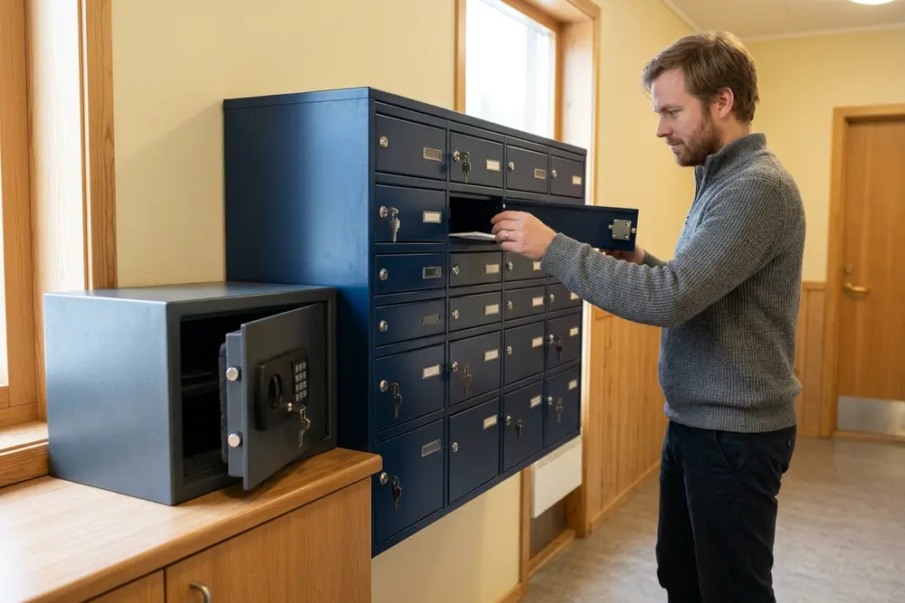 Liten stålsafe med åpen dør ved siden av en rekke postkasser med lås