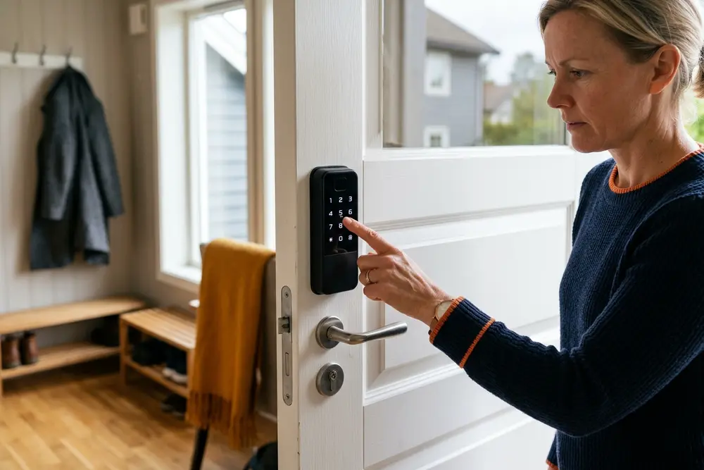 Svart elektronisk kodelås på hvit dør, en finger taster inn koden